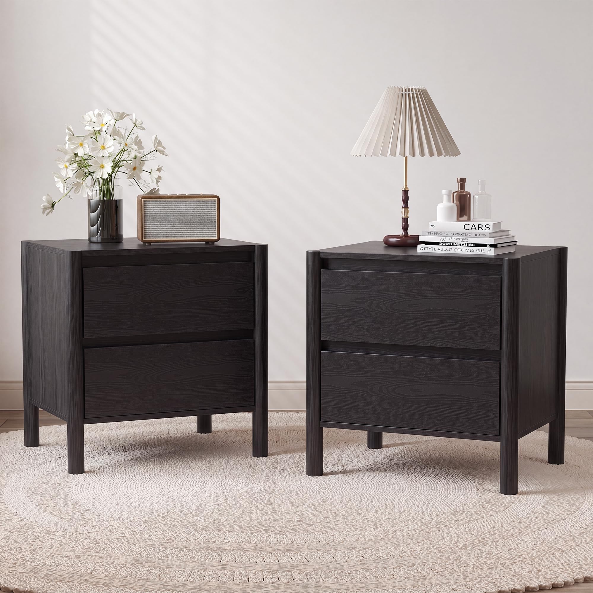 Solid Wood Nightstand 2 Drawers - Набор из двух черных прикроватных тумбочек